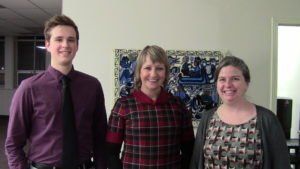 Practicum Student Nicholas Hepner in the offices of Cuso International in Ottawa with Aynsley Morris, Director of Communications and Marketing, and Jennifer Buter, Communications Officer.